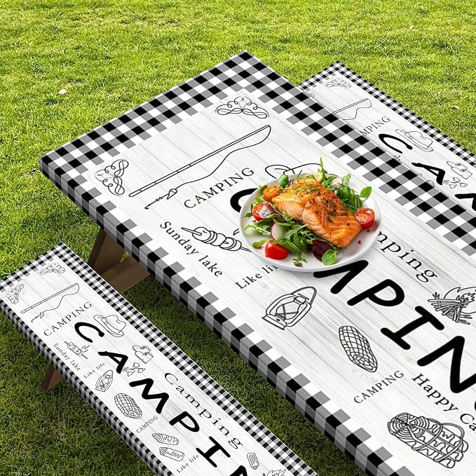 Picnic Table Cover with Bench Covers Elastic Edges, Farm Plaid Fitted Table Cover, Outdoor Patio Camping Essentials 60 Inch 3PCS, Waterproof Camping Fitted Tablecloth with Drawstring Bag