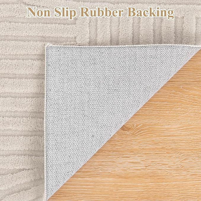 Pauwer 9x12 Area Rugs for Living Room, Modern Non Slip Washable Rug, Beige | Arch Pattern, Soft Fluffy, Neutral, Boho Accent, Solid Color Floor Carpet, For Kids Room Dining Room Nursery Entryway