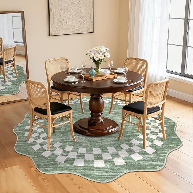 GarveeHome Scalloped Round Rug 4ft Washable Modern Solid Color Circle Rugs | Non Slip Low Pile Living Room Throw Carpat Washable Bedroom Scalloped Stain Resistant Bordered Round Rug for Kitchen, Green