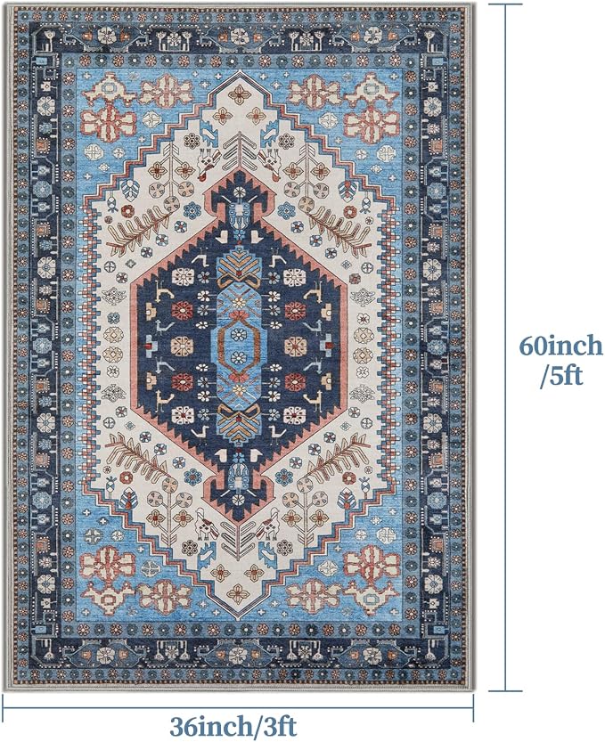 Ciicool Washable 3x5 Area Rug,Boho Non-Slip Indoor Mat for Entryway Kitchen | Oriental Low-Pile Soft Vintage Boho Indoor Entry Carpet for Bedroom Bedside Living Room Laundry Dining Room