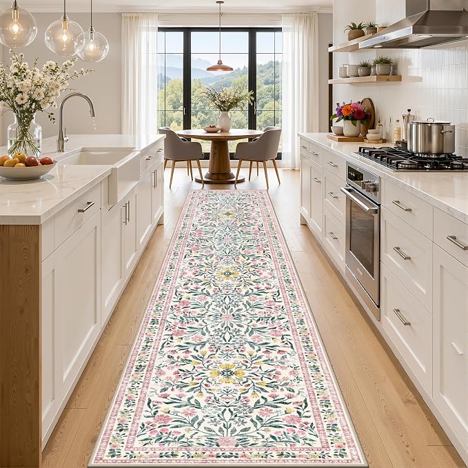PLHXFR 2.6x14 Washable Runner Rug：Floral Indoor Kitchen Carpet Pink Green | For Hallway Bedroom Kitchen Laundry Bathroom Dorm,Vintage Floral,Machine washable,Non Slip,Stain Resistant,Indoor Floor