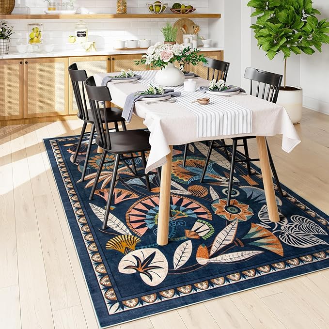 Zealude Egypt Floral Washable 5x7 Area Rug for Living Room, Large Boho Bedroom Dining Room Rugs for Under Table, Vintage Non Slip Soft Throw Carpet for Playroom Office Apartment (Dark Blue, 5 x 7)