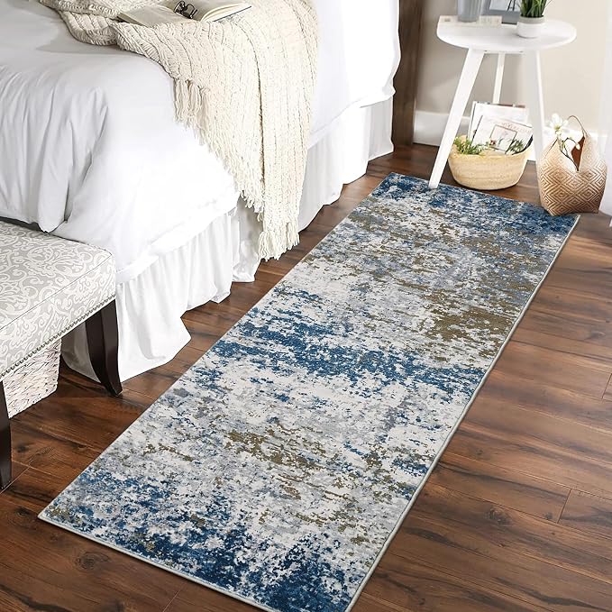 ROYHOME 2x6 Modern Abstract Runner Rug for Hallway Kitchen Bathroom, Navy | Non Slip Soft Machine Washable Stain Resistant Rugs Low Pile Non Shed Rug