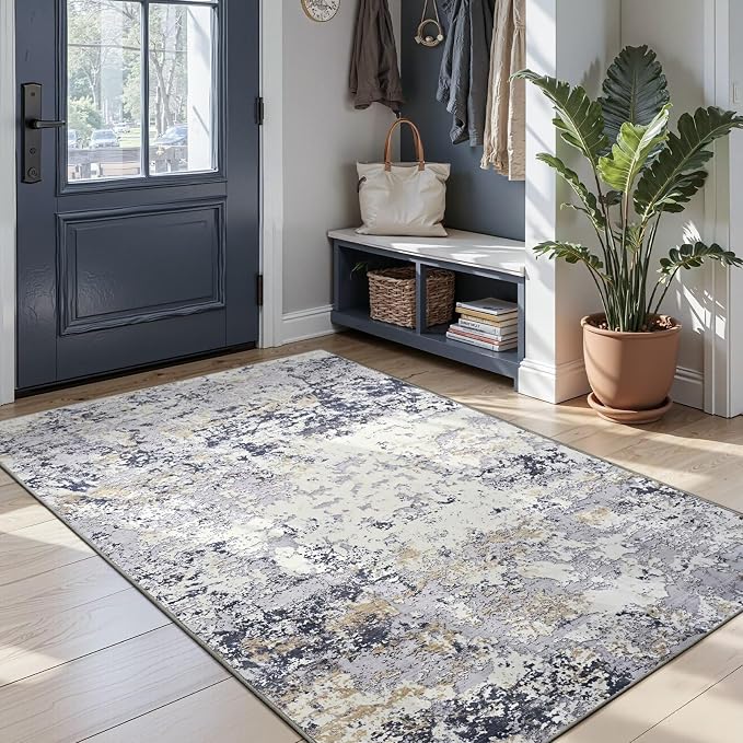 Toneed 4x6 Washable Non Slip Abstract Area Rugs for Bedroom Living Room | Soft Modern Low Pile Rug for Kitchen Hallway Office,Indoor Carpet for Kids Nursery Home Decor, Blue White Gold