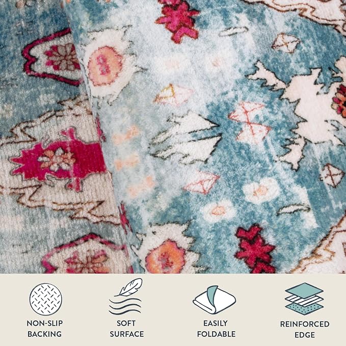 Lahome Felice 3x5 Boho Tribal Washable Rug, Non Slip Rugs for Entryway Bedroom Living Room, Vintage Ultra Soft Non-Shedding Indoor Floor Throw Carpet for Kitchen Dorm Coffee Table, Aqua