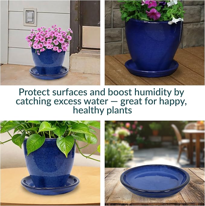 Sunnydaze 7-Inch Ceramic Plant Saucers - Plant Drip Trays for Outdoor Planter Flowerpot Drainage - Set of 4 - Imperial Blue