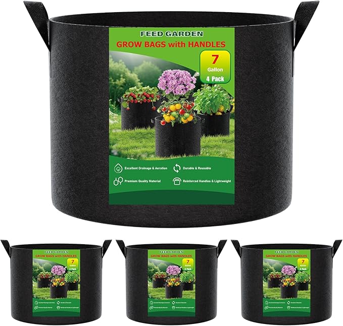 FEED GARDEN 7 Gallon Grow Bags 4 Pack – 300G Thickened Fabric Plant Pots with Reinforced Handles, Breathable Drainage Planters for Vegetables, Flowers & Herbs Indoor Outdoor