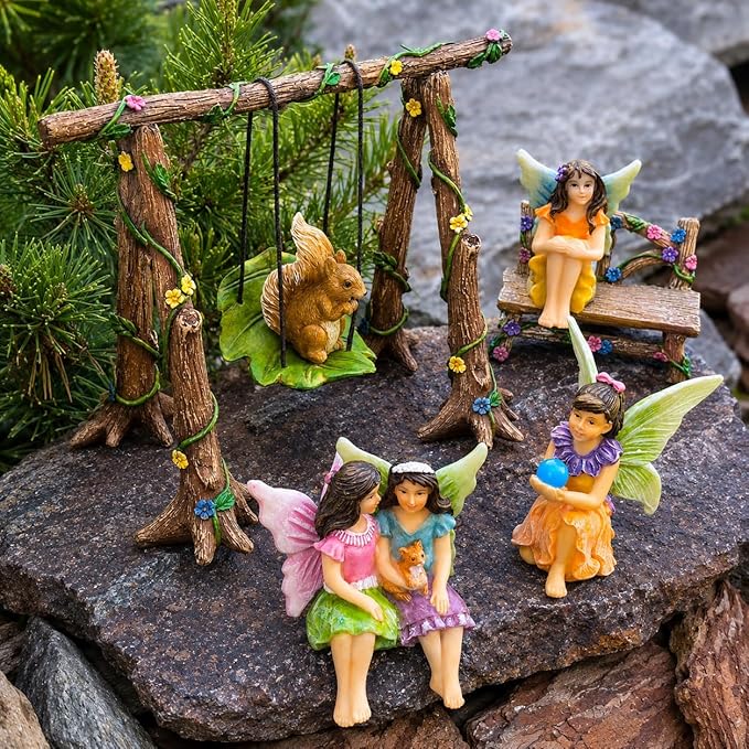 Mood Lab Fairy Garden Figurines with Swing - Miniature Accessories Set (6 pcs) - Outdoor Indoor Garden Decor