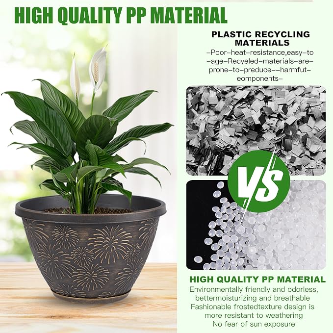 Nooulap 6 Pack 8 Inch Plant Pot, Flower Pots for Indoor Outdoor, Durable Decorative Planters for House Garden Plants Herbs Flowers Succulents, Antique Gold Firework Embossed Design