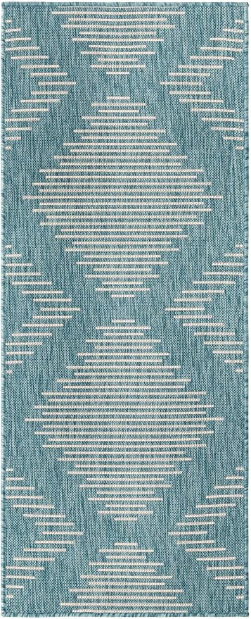 Unique Loom Outdoor Modern Collection Area Rug - Tambor (2' x 5' 1" Runner, Light Aqua/ Ivory)