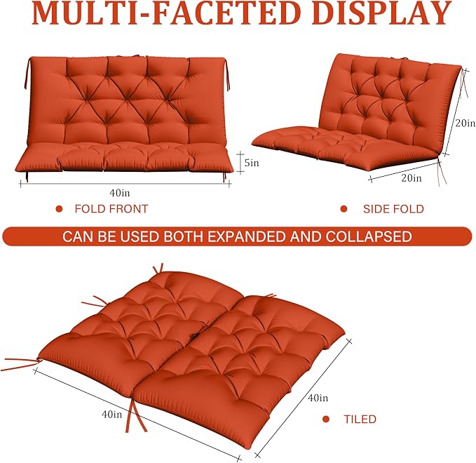 Porch Swing Cushion with Backrest,Waterproof Bench Cushion for Outdoor Furniture,2-3 Seater Replacement Thickened 5 in swing cushion,with Ties,Patio,Outdoor,Backyard and Garden (Orange,40x40 in)