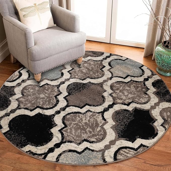 Superior Modern Indoor Area Rug, Non Slip Rug, 5' Round, Ivory | Geometric Design Floor Décor, Easy Care High Traffic Areas Living Dining Room, Bedroom, Office, Entryway, Viking Collection