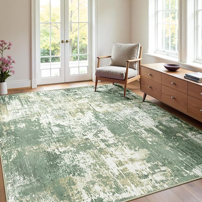 RELEANY Washable 4'x6' Abstract Area Rug for Living Room Light Green | Carpet for Bedroom, Kitchen, Office, Hallway and Entryway, Printed Pattern, Non‑Slip, Soft, Stain‑Resistant, Easy to Clean
