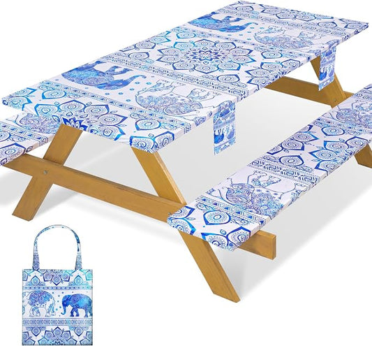 Fitted Waterproof Picnic Table Cover with Bench Covers Heavy Duty Elastic Outdoor Camping Tablecloth for 8 Foot Rectangle Tables Summer Rv Accessories Patio Garden Road Trip Essentials Gifts