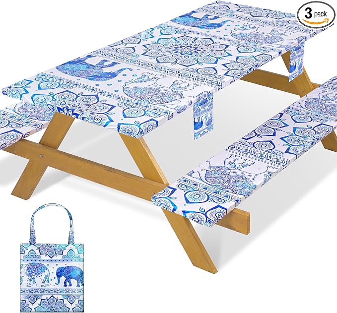 Fitted Waterproof Picnic Table Cover with Bench Covers Heavy Duty Elastic Outdoor Camping Tablecloth for 6 Foot Rectangle Tables Summer Rv Accessories Patio Garden Road Trip Essentials Gifts