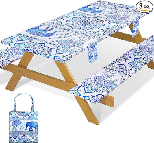 Fitted Waterproof Picnic Table Cover with Bench Covers Heavy Duty Elastic Outdoor Camping Tablecloth for 6 Foot Rectangle Tables Summer Rv Accessories Patio Garden Road Trip Essentials Gifts