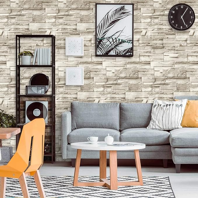 Jeweluck Stone Wallpaper Peel and Stick Brick Wallpaper 17.7”×590.5” Brick Contact Paper Peel and Stick Wall Paper Bathroom Faux Stone Backsplash for Kitchen Removable Decorative for Walls Vinyl