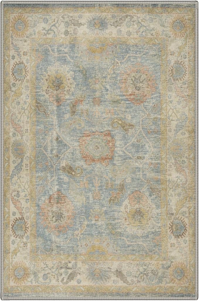 2x3 Doormat, Vintage Floral Washable Non Slip Area Rug for Entrance | Vintage Floral Soft Low Pile Boho Small Rug for Entryway Bedside Kitchen, Stain Resistant Easy Care Indoor Rug, Dusty Blue