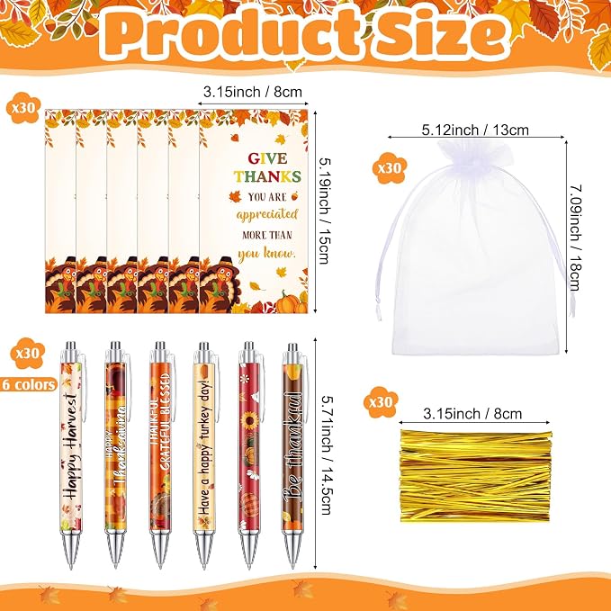 Marspark 30 Sets Fall Gifts Bulk Thanksgiving Ballpoint Pens and Thankful Maple Greeting Cards Set with Bags Twist Ties Autumn Holiday Appreciation Gifts Office Thanksgiving Party Favors