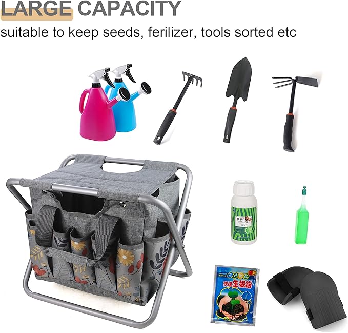 MDSTOP Folding Gardening Stool with Detachable Storage Tote Bag, Gardening Tools Set Organizer for Fishing Outdoor Sports Hiking Camping Garden, Gardening Gifts for Mom/Dad, Without Tools