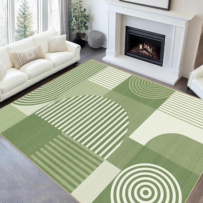 Area Rug 6x9 Living Room Green Geometric Rug Machine Washable Minimalist Line Mid Century Modern Area Rugs Non Slip Low Pile Large Dining Room Indoor Floor Carpet for Bedroom Office,Green