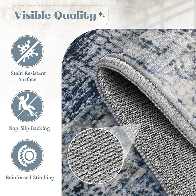 Area Rug 6x9 Washable Rug, Vintage Boho Medallion Rugs Non-Slip Soft Low Pile Large Distressed Rug Indoor Retro Carpet for Living Room Bedroom Dining Room Home Office (Blue, 6'x9')