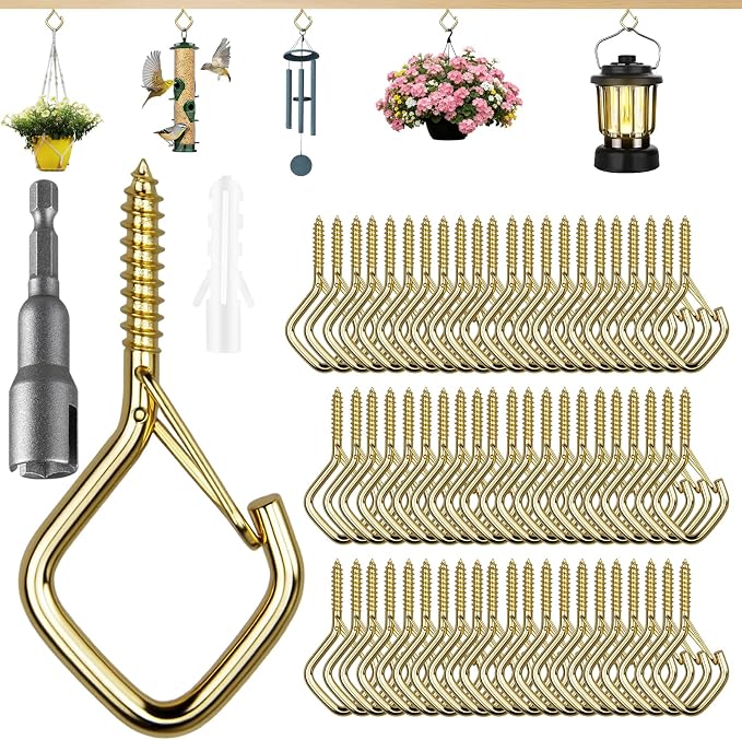 62 PCS Metal Gold Eye Screw Hooks for Hanging Heavy Duty.Windproof Ceiling Hooks for Hanging Plants,Cup,Wind Chime,Bird Feeders,Christmas String Lights at Indoor&Outdoor 2.2 Inch