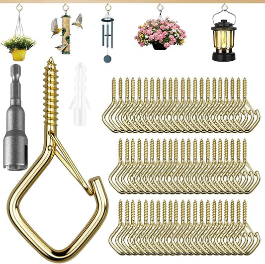 62 PCS Metal Gold Eye Screw Hooks for Hanging Heavy Duty.Windproof Ceiling Hooks for Hanging Plants,Cup,Wind Chime,Bird Feeders,Christmas String Lights at Indoor&Outdoor 2.2 Inch