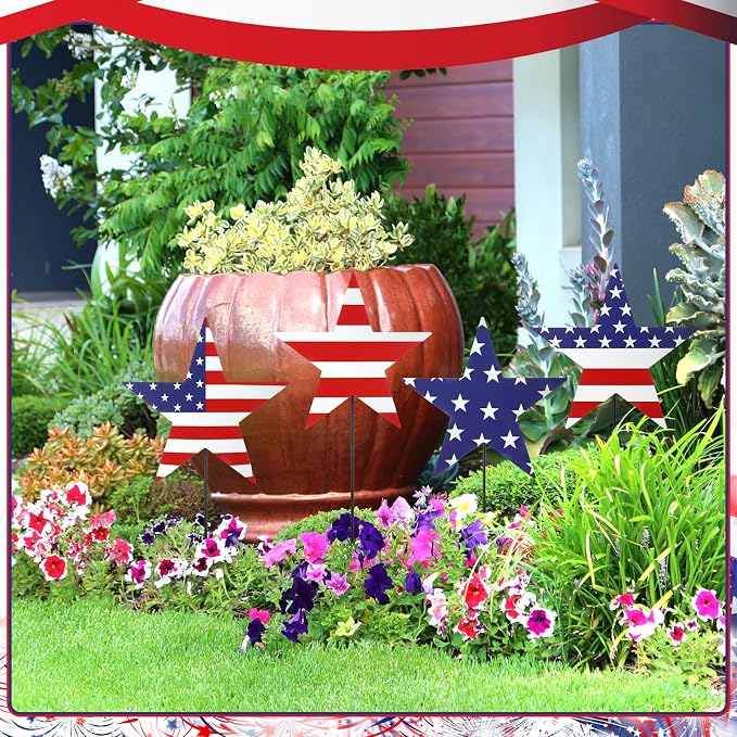 5 Pcs Patriotic 4th of July Outdoor Decorations Independence Day Metal Yard Signs with Stake American Flag Red White Blue Star 250 Anniversary Lawn Signs for 4th of July Garden Party Decor