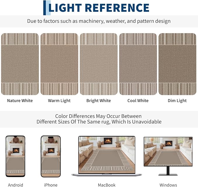 COZYLOOM Indoor Outdoor Rugs 8x10 Easy Jute Washable Area Rug, Beige Brown | Modern Non Slip Neutral Border Non Shedding Stain Resistant Foldable Rug for Living Room Dining Room Bedroom Patio Backyard