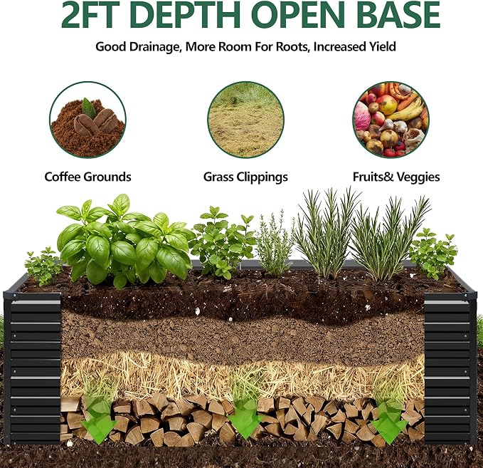 Vengarus 6x3x2FT Galvanized Raised Garden Bed Kit, Deep Root Planter Box Outdoor Large Planter Raised Beds for Planting Flowers,Vegetables and Herbs-Black