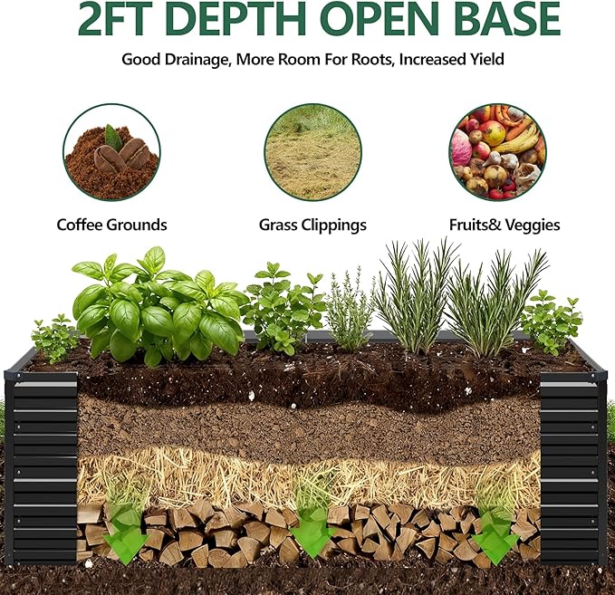 Vengarus 12x4x2FT Galvanized Raised Garden Bed Kit, Deep Root Planter Box Outdoor Large Planter Raised Beds for Planting Flowers,Vegetables and Herbs-Black