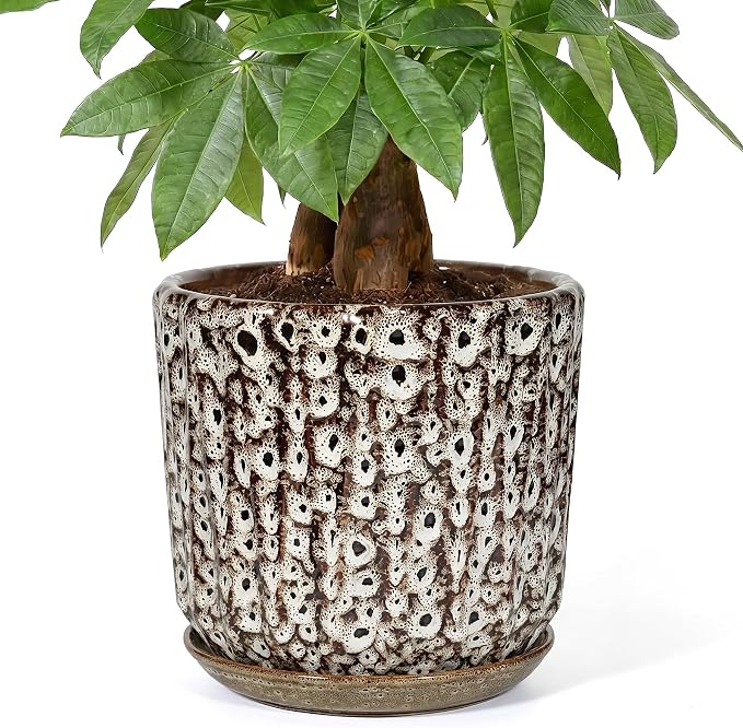 10 Inch Ceramic Planter Pot with Saucer Drainage Leak-Proof Mesh,Flower Pots for Indoor Plants with Gardening Gloves,Ceramic Planter(Spotted-White)