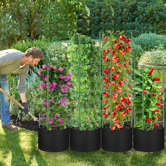 4 Pack Tomato Cages 55 x 12 Inch for Garden with 11 Gallon Round Grow Bags Planter Pots with Heavy Duty Triangle Trellis Plant Stakes Support Frames for Cucumber Vegetables Flowers