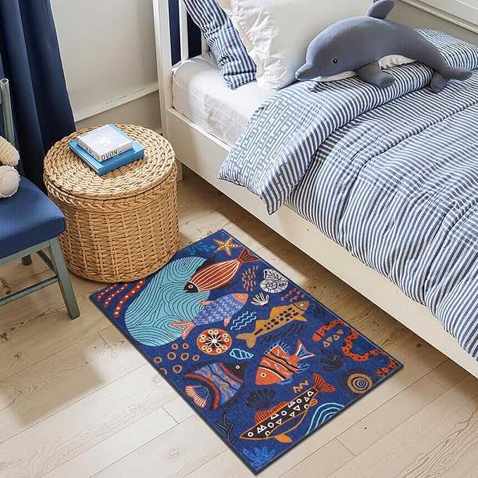 jinchan 2x3 Coastal Area Rug Washable Kids Rug Colorful Ocean Fish Mat Blue | Soft, Cozy, Non-Slip, Kid-Friendly, Lightweight, Entryway, Small Mat, Kitchen, Dorm, Bedroom, Laundry Room, Bathroom, Nursery