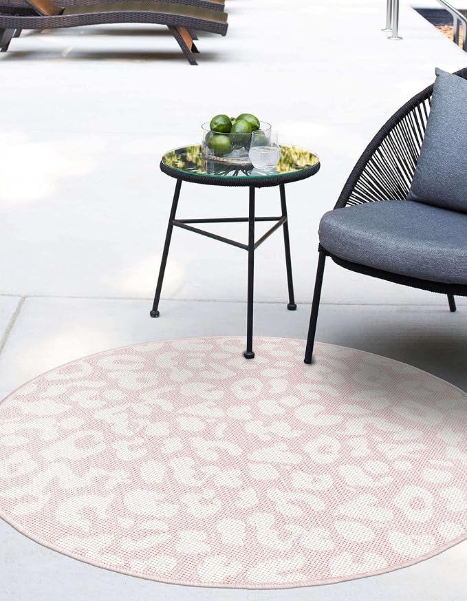 Unique Loom Outdoor Safari Collection Area Rug - Leopard (13' Round, Pink Ivory/ Ivory)