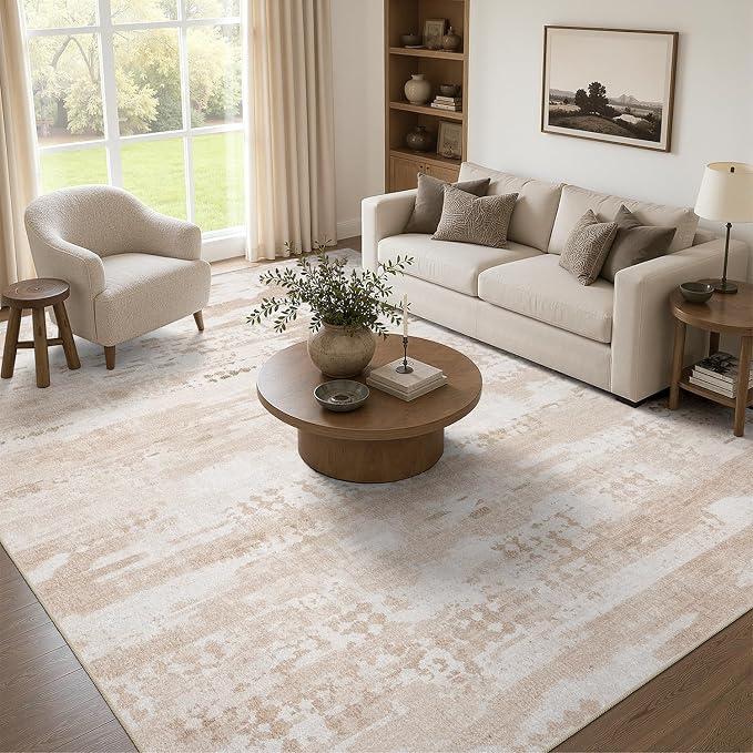 DCX Abstract Washable 5x7 Rug, Non Slip Low Pile Rug, Beige | Easy to clean, non-shedding, soft, kid & pet friendly, with a non-slip rubber backing for living rooms, bedrooms, and offices