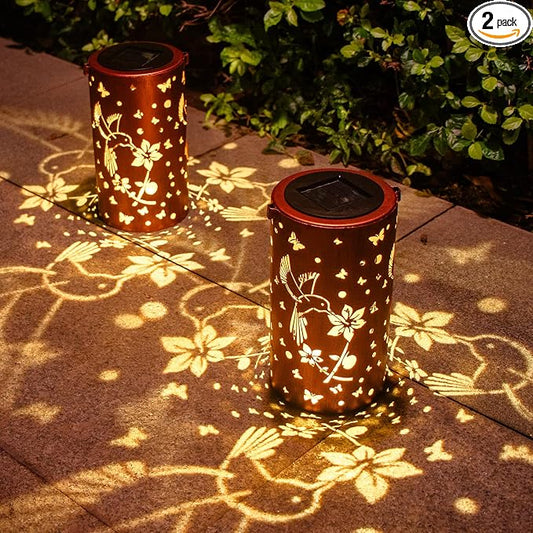 DIBIEECN 2 Pack Hummingbird Solar Lanterns Outdoor Waterproof, Patio Decor | Metal Hanging Lights, IP65 Waterproof, LED Decorative Lantern, Patio & Backyard, Birthday Gifts for Women, Mom & Grandma