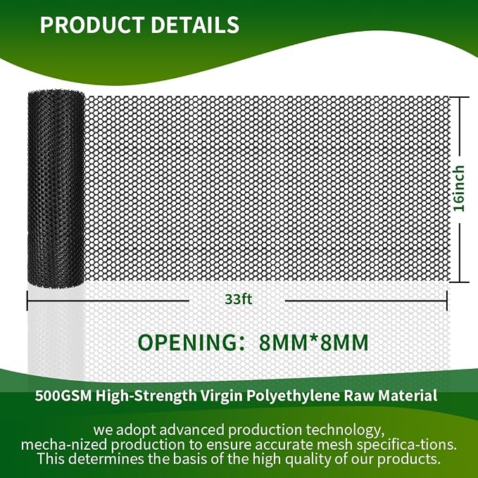 Plastic Chicken Wire Mesh Fence,Plastic Chicken Wire Roll 16in x 33ft,Garden Netting Fencing Barrier for Poultry, Animals, Pets and Balcony(Black)
