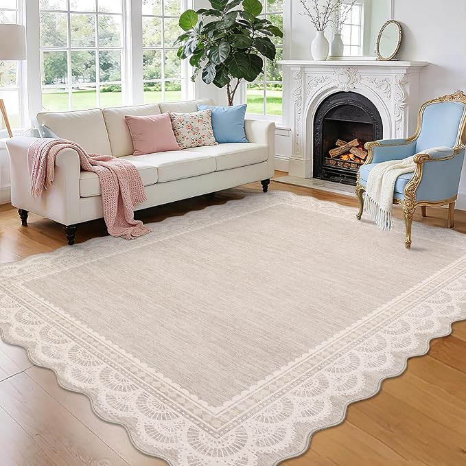 Garvee Washable Area Rug 8x10 Scalloped Lace Rug for Living Room Beige | Non Slip Low Pile Rug, Non-Shedding Carpet for Bedroom Playroom Kids Room, Stain Resistant Rugs, Solid Rug for Girls Room