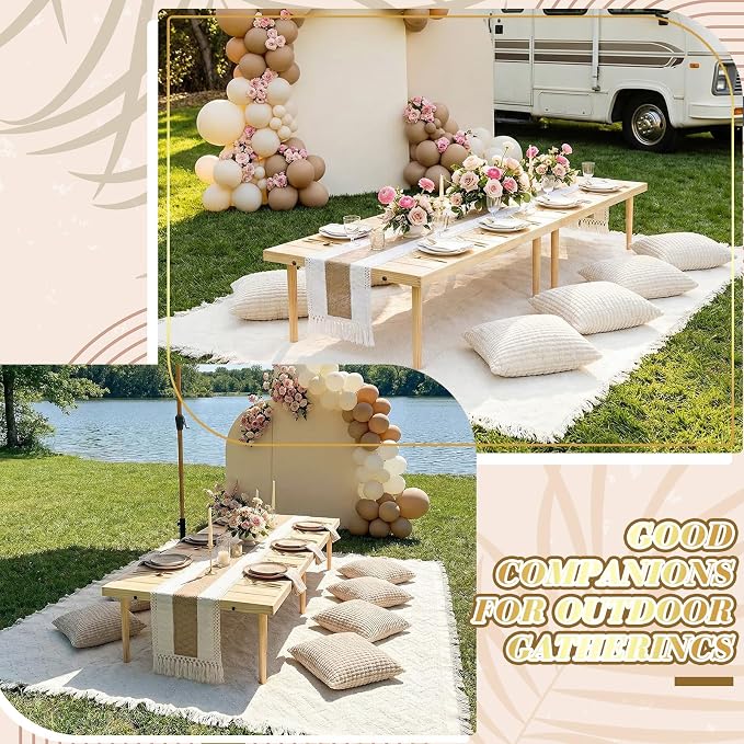 Beeveer 8 Pcs Cream White Picnic Kit, 91x71'' Extra Large Outdoor Boho Picnic Blanket, Low Table Runner, 6 Throw Pillow Cover, Woven Cotton Yarn Oversize Washable Beach Blanket for Camp Wedding Garden