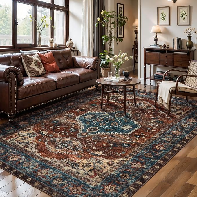 Tangsoo 6x9 Washable Area Rugs for Living Room, Oriental Non Slip Large Rug | Vintage Indoor Print Carpet, Boho Soft Low Pile Foldable Floor Rug for Bedroom Dining Room Dorm Office Rust Blue Home Decor