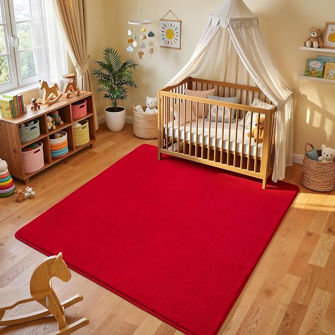 Amearea 5x5 Square Area Rugs for Bedroom Living Room, Red Memory Foam Rug | Thickened Fluffy Indoor Washable Rugs, Modern Non Slip Minimalist Carpet for Kids Boys Girls Dorm Nursery Room Decor