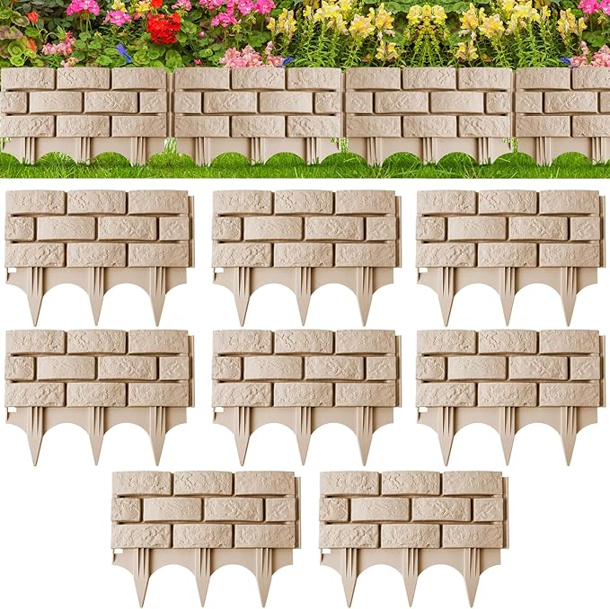 Landical 8 Pcs Imitation Stone Garden Fence, Faux Stone Retaining Wall Look Garden Bricks Border with Ground Stakes, 17.3 x 12.6 in Gray Plastic Edging Blocks for Flower Beds, Lawn, Mulch (Yellow)
