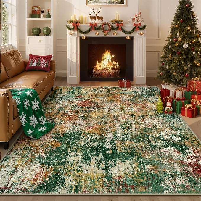 RELEANY Washable 8'x10' Abstract Area Rug for Living Room Green Multi | Carpet for Bedroom, Kitchen, Office, Hallway and Entryway, Printed Pattern, Non‑Slip, Soft, Stain‑Resistant, Easy to Clean