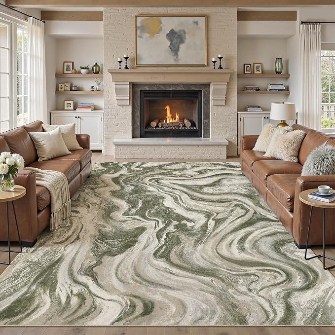 DMOYEST 8x10 Area Rug for Living Room Washable Abstract Indoor Carpet | Neutral Modern Low Pile Rugs Kid & Pet Friendly Large Soft Thin Carpet for Bedroom Dining Room and Office - Olive Green