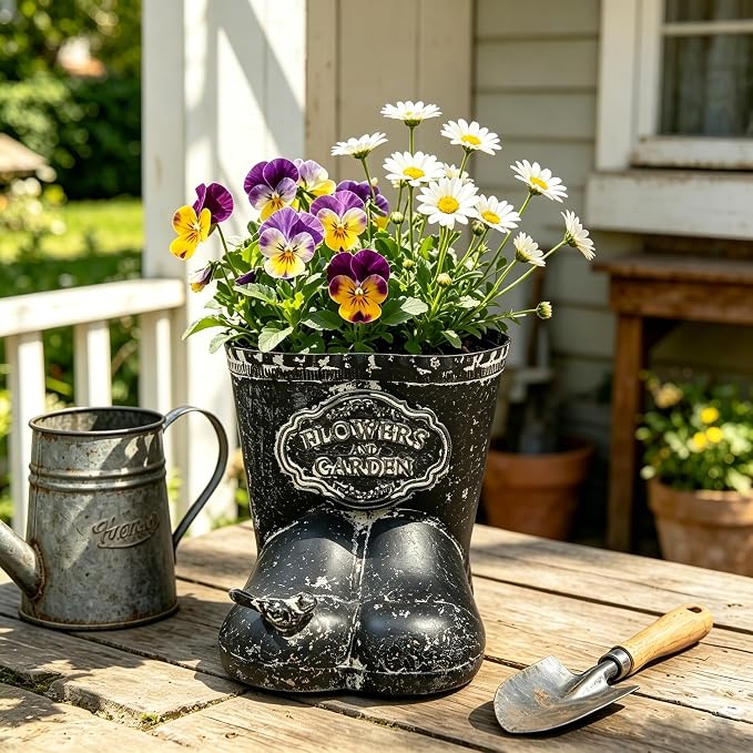 Vintage Distressed Boot Planter, Rustic Flowers & Garden Metal Rain Boot Plant Pot, Farmhouse Succulent Herb Planter for Indoor Outdoor Home Garden Patio Decor (Black - Small)