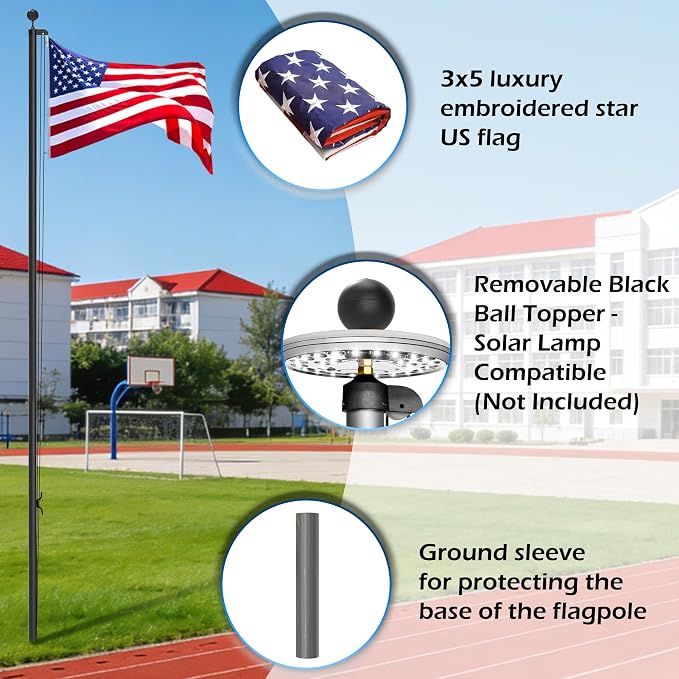 25FT Aluminum Flag Pole Kit for Outside House, Black Ball Topper, 3x5 Embroidered American Flag, Tangle-Free Flagpoles for Yard, Garden, Residential & Commercial Use