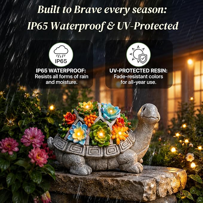 Solar Garden Outdoor Statues Turtle with Succulent | 7 LED Lights, Lawn Decor Statue for Patio, Balcony, Yard Ornament, Gifts for Mom Grandma Women