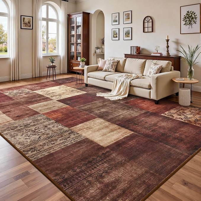 Washable Area Rugs 6x9 for Living Room, Large Modern Geometric Red Soft Patchwork Carpet, Non-Slip Stain Resistant Throw Rug for Bedroom Dining Room Office Home Decor
